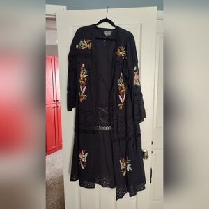 Anthropologie Black Duster with Floral Embroidery